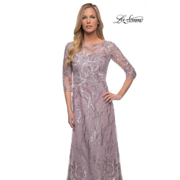 La Femme 29233 Embroidered A-line Gown Icy Mauve Sheer Sleeve Size 12 NWOT - Picture 4 of 12